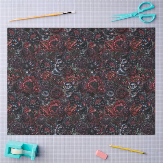 Papel De Seda Gothic Black Cat & Dark Flowers Pattern  (Arte )