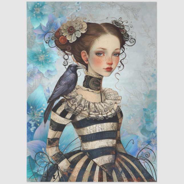 Papel De Seda Gothic Victorian Girl & Raven Teal Florals (Frente )