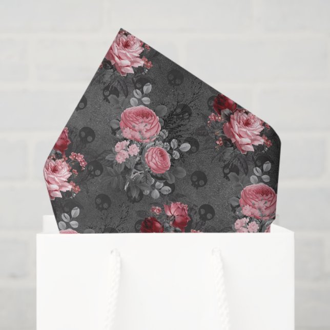 Papel De Seda Gótica Floral Preta e Rosa (Sacola de presentes)