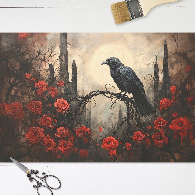 Papel De Seda Gótica Raven com Desnuvem de Rosas vermelhas Escur (Criador carregado)