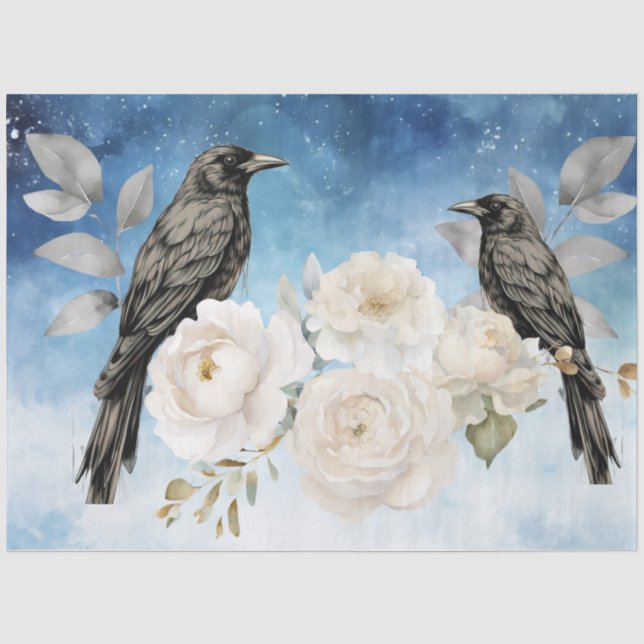 Papel De Seda Gótico Corvos Pretos & Flores Brancas (Frente )