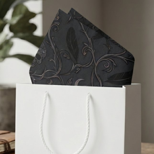 Papel De Seda Gótico Mal-humorado Onyx Barroco Corvo (Gothic raven tissue paper for dark academia enthusiasts during halloween party celebrations)