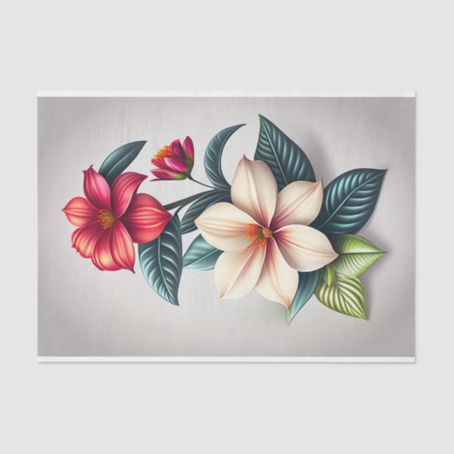 Papel De Seda Gráfico Floral Vermelho Branco - Ilustração Botâni (Frente )