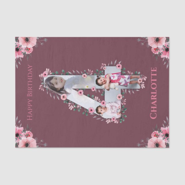 Papel De Seda Grande 4ª Rapariga de Aniversário Foto Collage Pin (Frente )