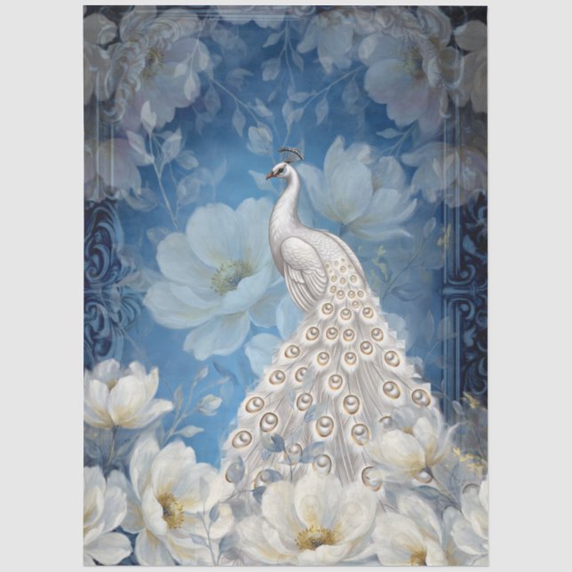 Papel De Seda Grande Decoupage de Pavão Floral Branco (Frente )