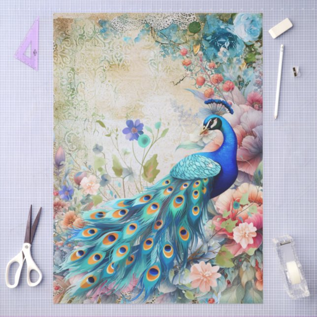 Papel De Seda Grande desacoplamento de peacock e Florais Elegant (Arte )