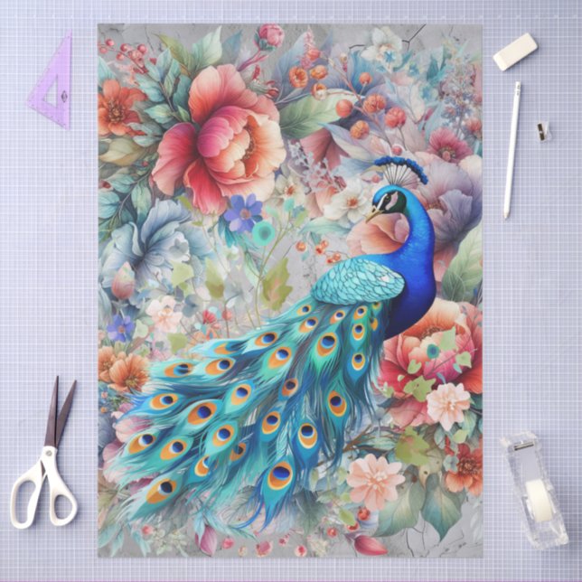 Papel De Seda Grande desacoplamento de peacock e Florais Elegant (Arte )