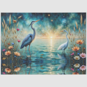 Papel De Seda Grande garça azul e flores de garça na água