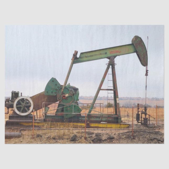 Papel De Seda Grande Pumpjack Verde em um Campo de Petróleo (Frente )