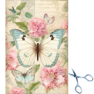 Papel De Seda Grandes Borboletas Creme Azul Turquesa Flores Rosa