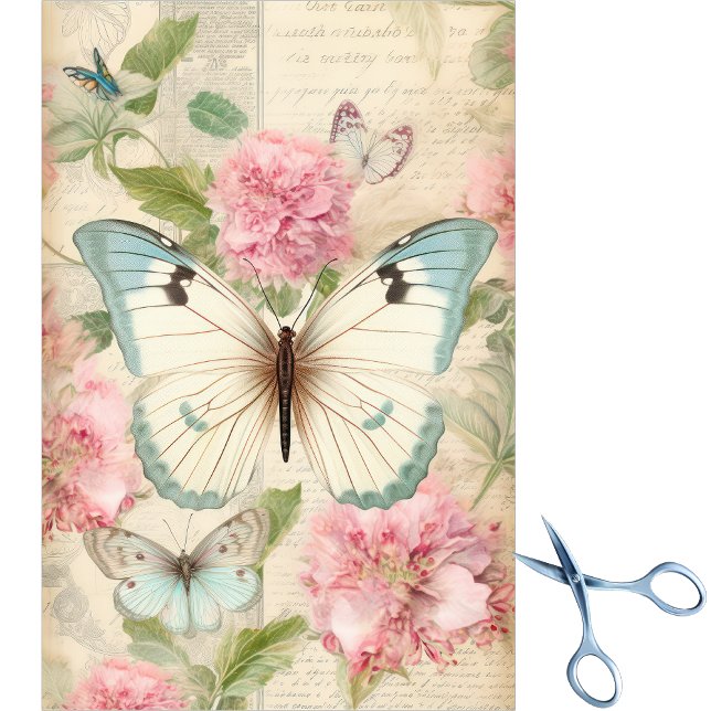 Papel De Seda Grandes Borboletas Creme Azul Turquesa Flores Rosa (Criador carregado)