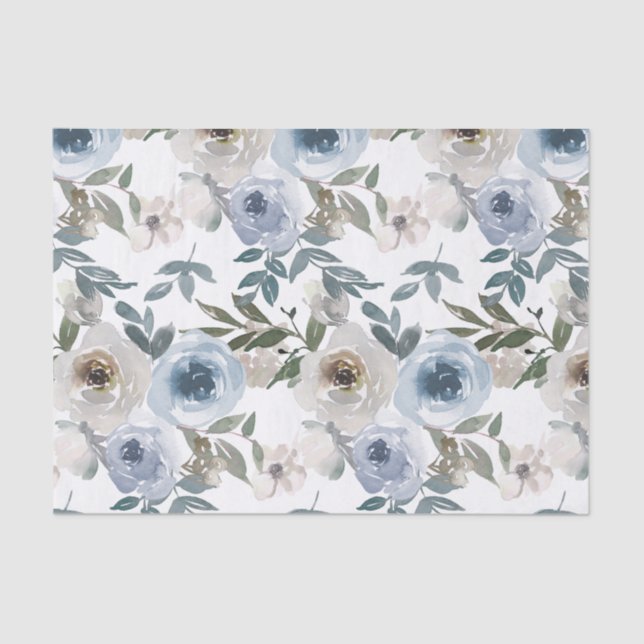 Papel De Seda Gravata Floral Aquarela Azul Empoeirado Wrap (Frente )
