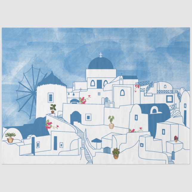 Papel De Seda Grécia Santorini de Cor Azul e Branca (Frente )