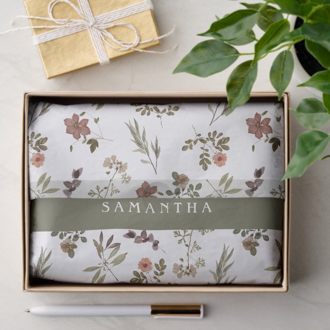 Papel De Seda Green Burgundy Wildflower Monogram Name (Presente)