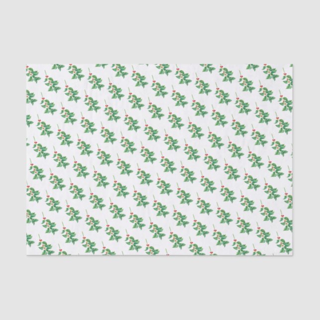 Papel De Seda Green Holly Com Berries Vermelhos (Frente )