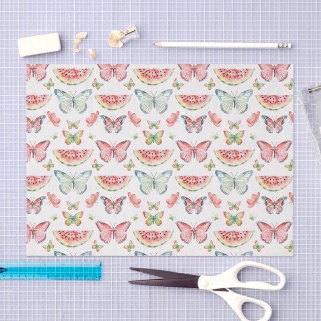 Papel De Seda Green Red Watermelon Blue Butterflies Birthday (Arte )