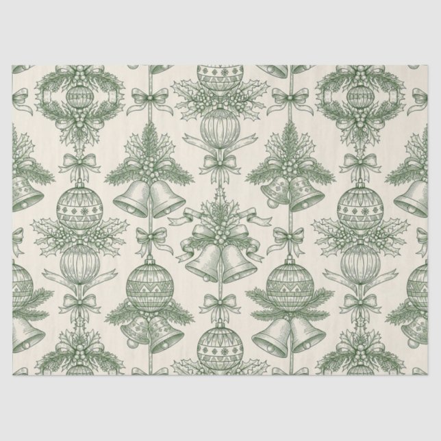Papel De Seda Green Toile Christmas Bells & Ornaments Pattern (Frente )