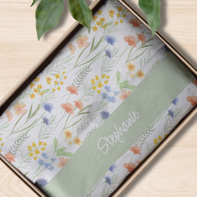 Papel De Seda Green Watercolor Wildflower Name (Criador carregado)
