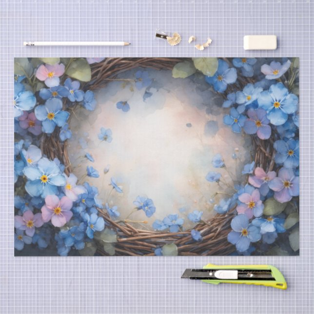 Papel De Seda Grinalda Floral Azul Aquarela (Arte )