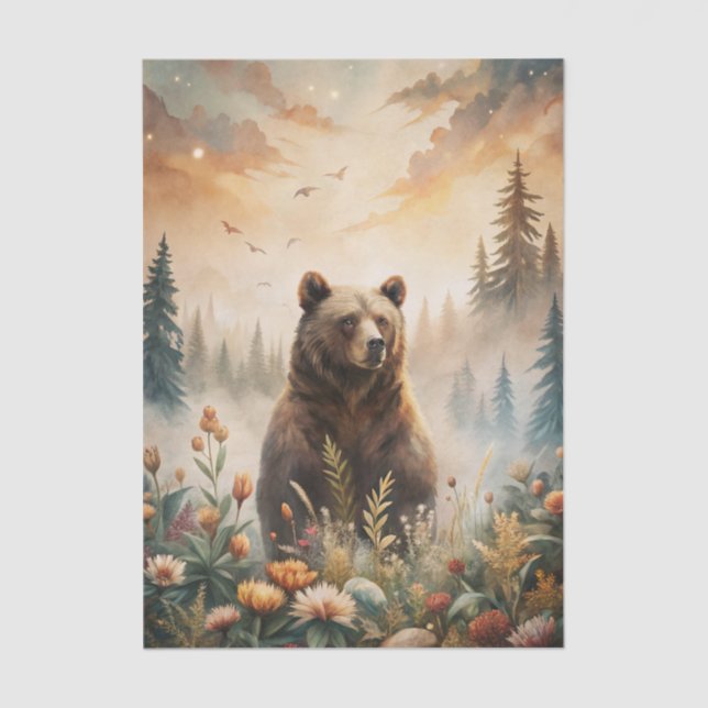 Papel De Seda Grizzly Bear in a Forest Meadow with Flowers (Frente )