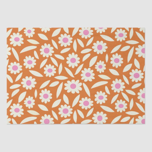 Papel De Seda Groovy Retro Daisies Padrão Floral em laranja (Frente )