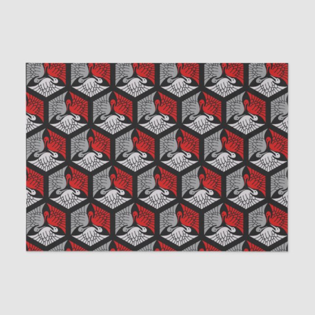 Papel De Seda Gruas japonesas, vermelhas, Cinzas/Cinzas e pretas (Frente )