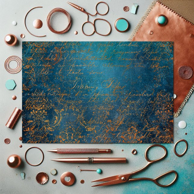 Papel De Seda Grunge Copper Patina e Turquesa Calliografia (Grunge Copper Patina and Turquoise Calligraphy Tissue Paper)
