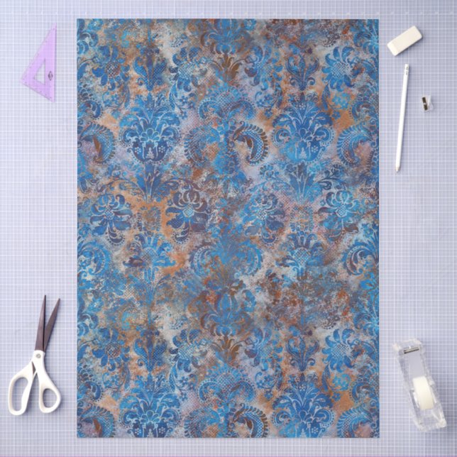 Papel De Seda Grunge Damask Azul Cobalto Ferrugem Laranja (Arte )
