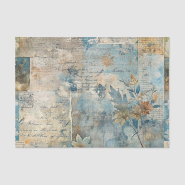 Papel De Seda Grungy Distressed Blue Floral Ephemera Collage (Frente )