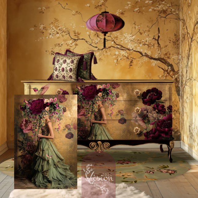 Papel De Seda Guarda-Chuva Elegantes Flores da Moda Retrato Comp (Elegant Blooms Portrait Bird & Floral, Gold leaf effect, Patina Background Decoupage Tissue Paper)