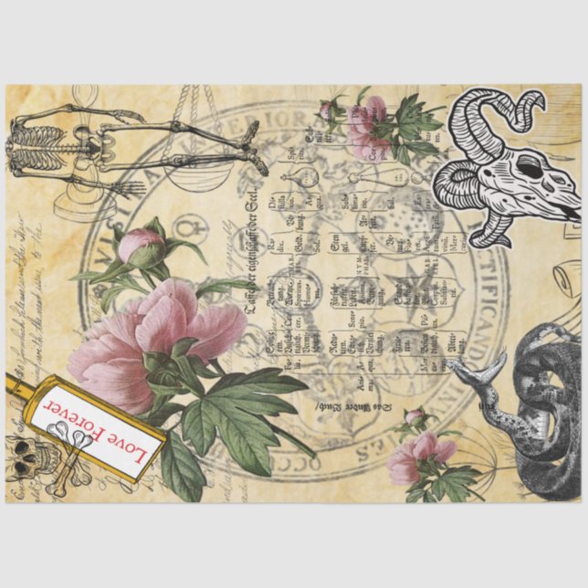 Papel De Seda Halloween Alchemy Pink Peony Skeleton Ephemera (Frente )
