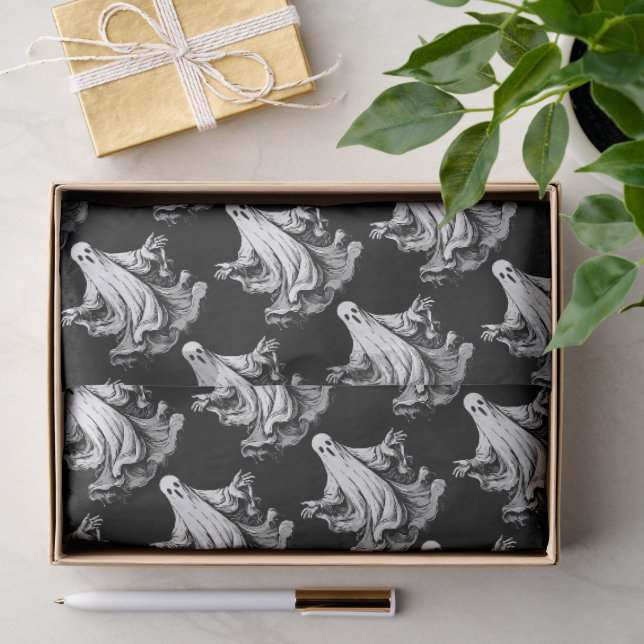 Papel De Seda Halloween assustador com fantasmas pretos e branco (Presente)