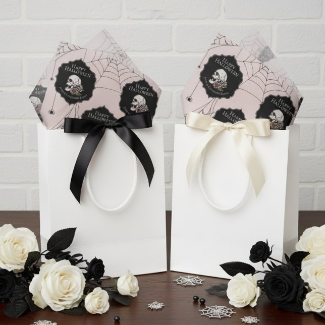 Papel De Seda Halloween do Caveira Floral Rosa-Rosa-Gótica (Gothic Happy Halloween Tissue Paper in Blush Pink. Creepy Skull, Pink Roses, Spiderwebs & Spiders)