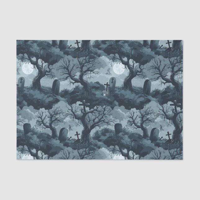 Papel De Seda Halloween Graveyard Creepy Trees Ghost Moon Night (Frente )