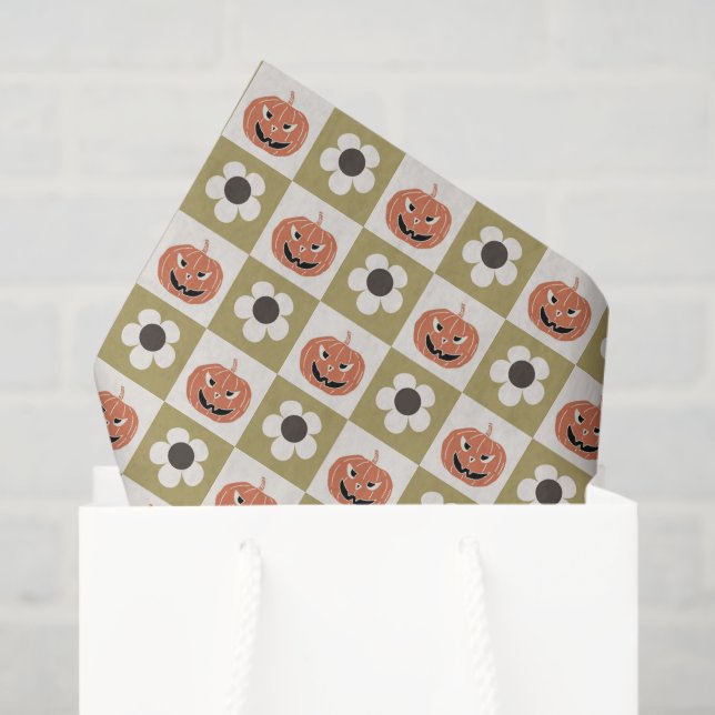 Papel De Seda Halloween Jack-o-lanterno e daisy checkerboard (Sacola de presentes)