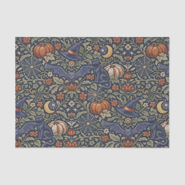 Papel De Seda Halloween Orange Black Cats Bats  (Frente )