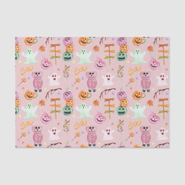 Papel De Seda Halloween Pumpkins, Fantasma, Monstros Rosa (Frente )