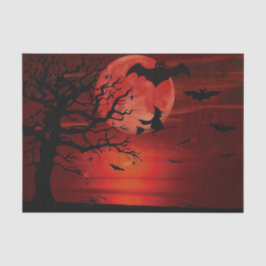 Papel De Seda Halloween Red Full Moon Black Tree Bat Scary