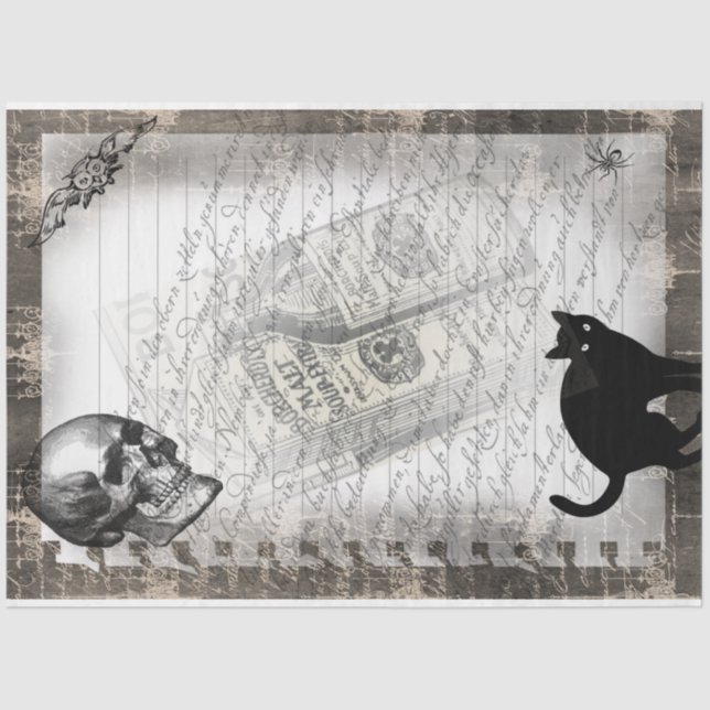 Papel De Seda Halloween Skull e Black Cat Script Ephemera (Frente )