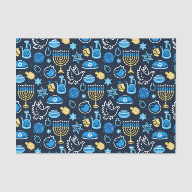 Papel De Seda Hanukkah - Símbolos Padrão Azul (Frente )