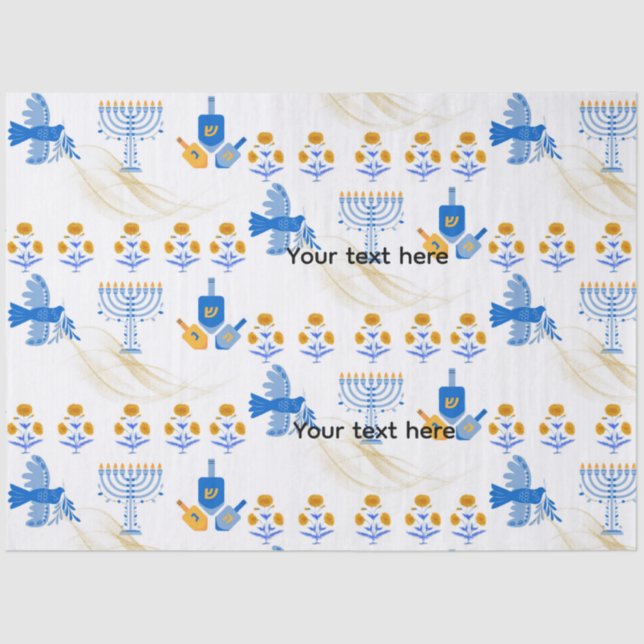 Papel De Seda Hanukkah tissue Paper – Menorah, Dove, Dreidel (Frente )
