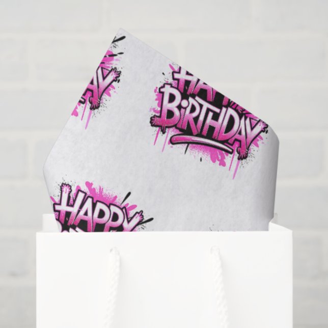 Papel De Seda Happy Birthday Graffiti Pink & White (Sacola de presentes)