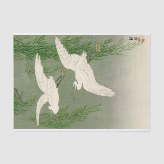 Papel De Seda Herões brancos e Willow em chuva por Ohara Koson (Frente )