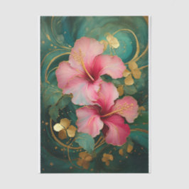 Papel De Seda Hibisco Rosa Dourado, Floral Tropical Formal
