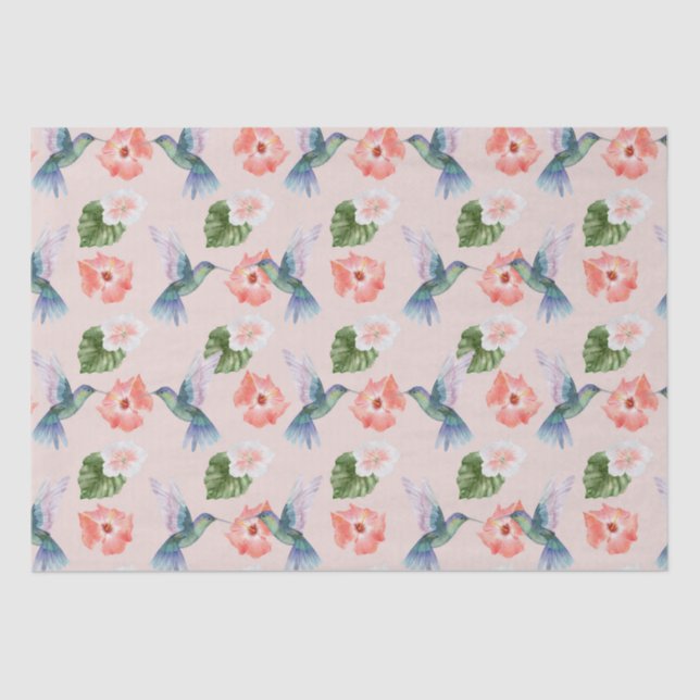 Papel De Seda Hibiscus verde e rosa azuis e beija-flor (Frente )