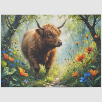 Papel De Seda Highland Cow in the wood with wildflowers