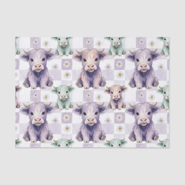 Papel De Seda Highland Cow Purple Sage Easter Flowers Pastel (Frente )