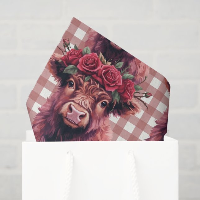 Papel De Seda Highland Cow Red Rose Floral Crown Valentine Gift (Sacola de presentes)