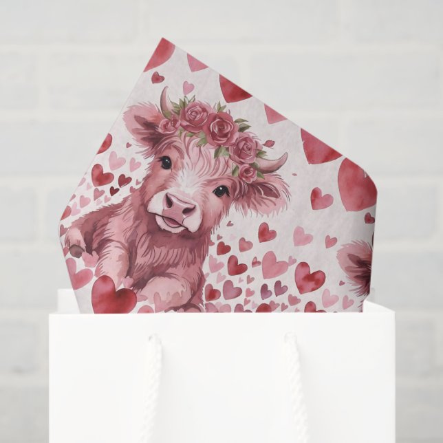 Papel De Seda Highland Cow Red Roses Pink Heart Flower Gift (Sacola de presentes)