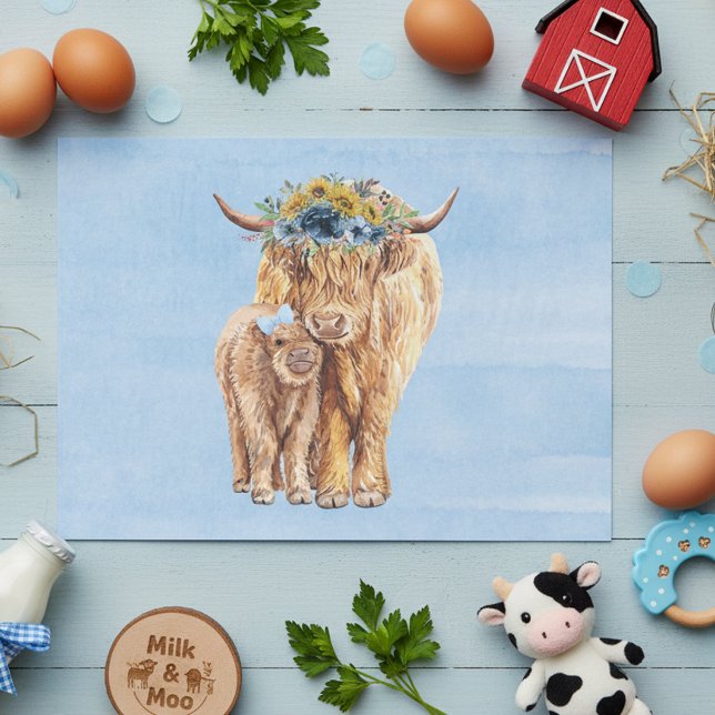Papel De Seda Highland Cow Scotland Blue Mama Baby Calf (Criador carregado)